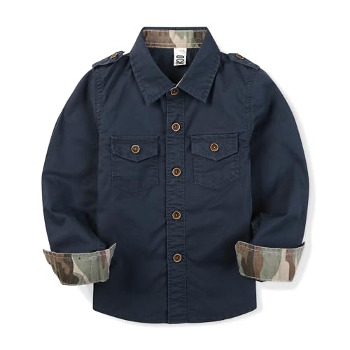 Image of Toddler Little Boys Button Down Long Sleeve Shirt Uniform Army Scout Casual Fall Top with Pocket