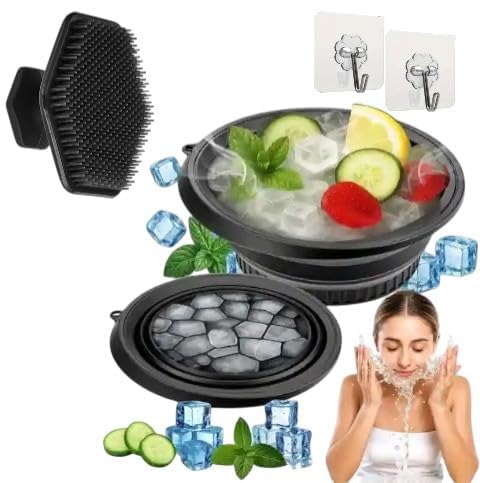 Image of Ice Face Bath Bowl with Ice Roller Scrubber | Foldable Silicone Facial Ice Bath Tub for Skin Tightening & Pore Minimizing | Cold Therapy Bowl for Face Depuffing, Glow & Acne Care | Reusable Beauty Ice Mask Kit (MultiColor) (Facel Bowel Square Brush)