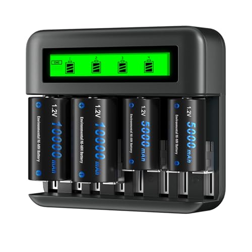 CITYORK 2 Pack 5000mAh Rechargeable C Batteries and 2 Pack 10000mAh D Batteries with 8 Bay LCD Universal Battery Charger for 1.2v AA AAA C D Ni-MH/Ni-CD Rechargeable Batteries, USB Quick Charging
