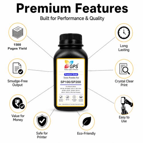 Image of GPS SP100 Toner Refill Powder Compatible for Ricoh SP100, SP111, SP111SU, SP200, SP210SU, SP310DN | Black | Pack of 4 (100g x 4) | Page Yield: 6,000 Pages Total