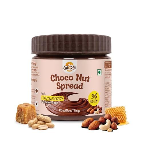 Image of Eatopia Choco Nut Spread 360g | 56% Nuts - Almond, Hazelnut, Peanut, Cashew | No Refined Sugar | Made with Honey & Jaggery | 20% Protein | Rich Cocoa | No Added Preservatives | Healthy Chocolate Spread