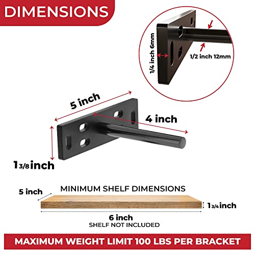 Set of 4 Floating Shelf Brackets Heavy Duty (1/4 inch Thick Baseplate) Painted Black Mild Steel/Bracket for Hidden Wall Shelves Support Hardware Mount Kitchen/Nursery Decor (4 inch Rods)