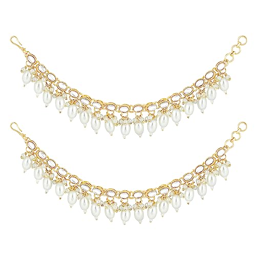 Aheli Gold Plated White Kundan Studded Earrings Chain Ethnic Stylish Fashion Hair Accessories Jewellery Gift for Women