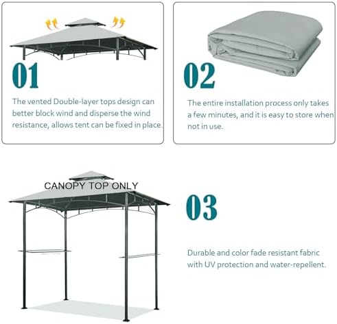Wonwon 5x8 Grill Gazebo Replacement Roof Top - Double-Tiered Gray Canopy for Lowes L-GG001PST-F Model image 15