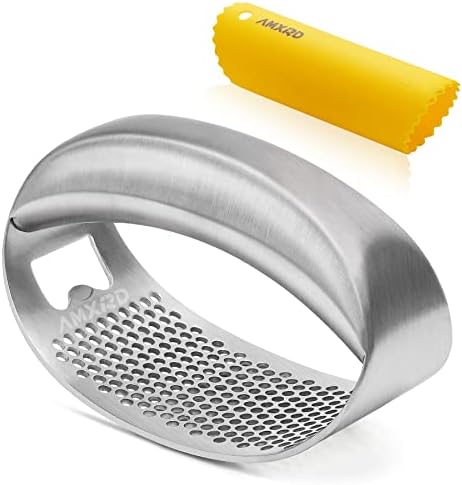 AMXRD Garlic Press Rocker & Silicone Peeler, Stainless Steel Garlic Mincer Crusher Squeezer, Kitchen Tool, Dishwasher Safe
