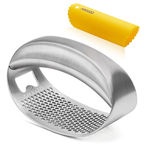 Amxrd Garlic Press Rocker & Silicone Peeler, Stainless Steel Garlic Mincer Crusher Squeezer, Kitchen Tool, Dishwasher Safe #TOP2