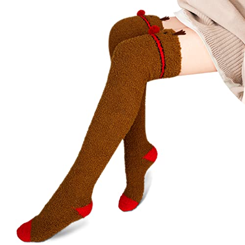 Image of Benefeet Sox Girls Cute Animal Fuzzy Knee High Socks Womens Funny Striped Cozy Winter Warm FluffyThigh High Socks Leg Warmers