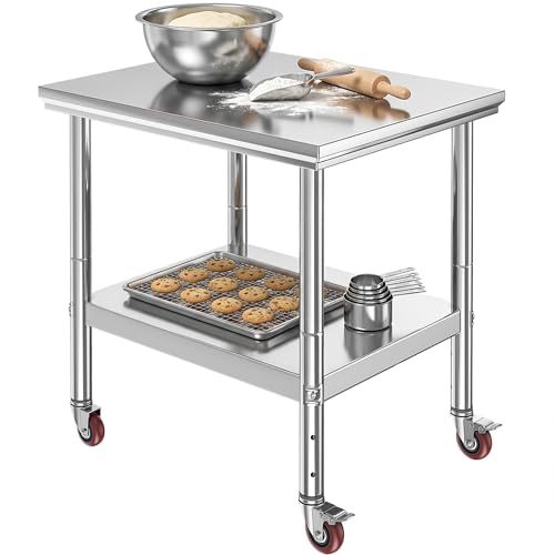 Image of DWVO 30x24in Stainless Steel Table with Adjustable Shelf & Wheels | NSF Metal Prep Worktable for Kitchen Restaurant Hotel Garage Warehouse Home Commercial