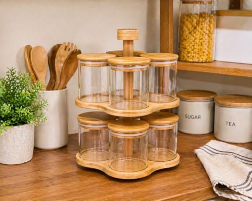 Image of 360 Rotating Spice Rack Organiser, 2-Tier Bamboo Stand with 8 Glass Jars, 250ml Each, BPA Free, Kitchen Storage