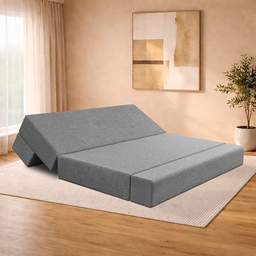 Image of Three-Seater Sofa Cum Bed Foldable Sofa Cum Bed Washable & Zipper |Jute Finish Fabric - Grey | 5' X 6' Feet