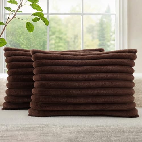 Image of decorUhome Fall Cozy Faux Fur Throw Pillow Covers 12x20 Set of 2 Decorative Soft Plush Striped Lumbar Modern Farmhouse Boho Couch Pillow Cases with Velvet Back for Sofa Bed Living Room, Dark Brown