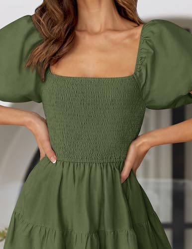 Image of ZESICA Women's 2026 Summer Puff Sleeve Midi Dress 2026 Boho Solid High Waist Flowy Beach Wedding Guest Long Dresses