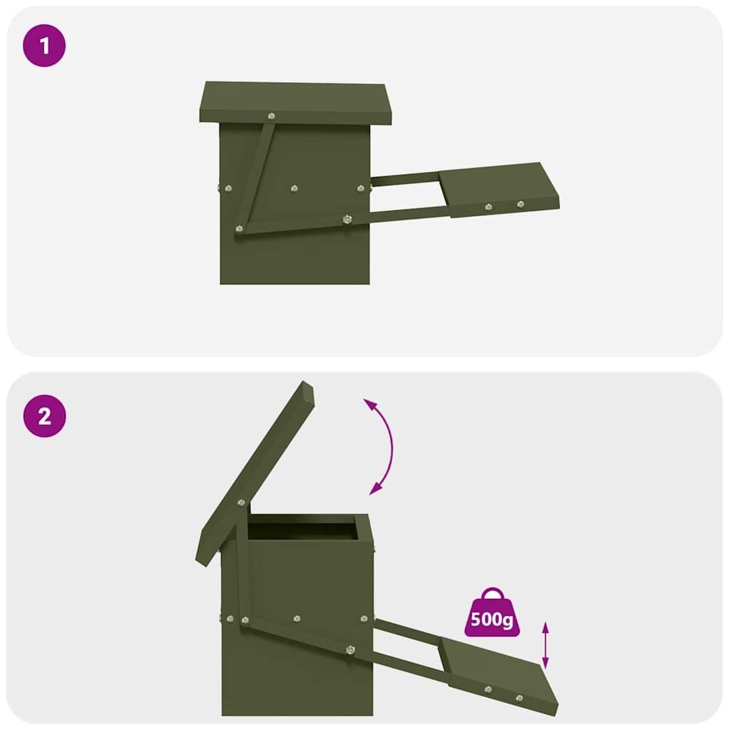 Metalowy karmnik na kurczaki, oliwkowa zieleń, 48,5 x 39,5 x 19 cm, karmnik dla kurczaków ze stali z systemem pedałowym, dozownik żywności do ogrodu lub tarasu, funkcjonalny design