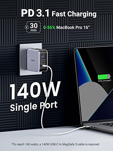 UGREEN Nexode 140W GaN USB C Laptop Charger, 3-Port PD 3.1 PPS Foldable Fast Wall Charger with 240W Cable for MacBook Pr