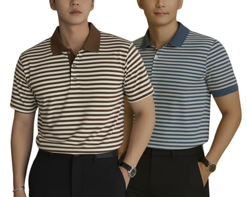 Image of MACK JONNEY Men's Cotton Polo T-Shirt | Regular Fit | Short Sleeve | Striped Casual Wear | Pack of 2 -MJ-1