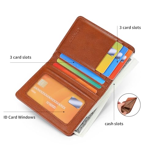 Bifold Slim Men Wallet Genuine Leather Thin, Small Vertical RFID Blocking Wallets for Men ，Compact & Stylish with Clear ID Windows (Brown)3