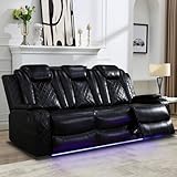 Juego de sofá reclinable de Cuero con Luces LED, sofá reclinable eléctrico y juego de sofá de dos plazas con Puerto USB/portavasos para sala de Estar/casa/cine en casa (Black,3-Seater Sofa)