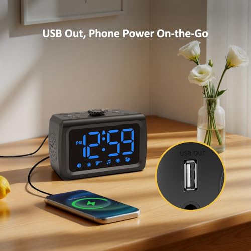 Peakeep 115dB Super Loud Alarm Clock for Heavy Sleepers, 5-30 Min Alarm/Snooze Duration, Auto/Manual Dimmer, 6 Wake-up Sounds, Plug in Electric Digital Bedroom Clock with USB Charger, Battery Backup