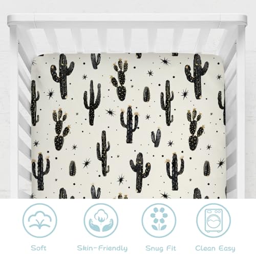 Image of Boho Cactus Baby Crib Sheet 52''x28'' Retro Black Golden Cactus Fitted Crib Mattress Cover Wild Cactus Soft Baby Sheet for Boy Girl Western Plants Nursery Bedding for Standard Crib Toddler Mattress