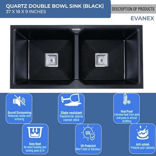 Image of EVANEX Quartz Sink for Kitchen | Double Bowl | Topmount /Undermount Kitchen Sinks | Black Double Sink with Connector, Waste Pipe, Coupling and Drain Basket | 37x18x9 Granite Kitchen Sinks