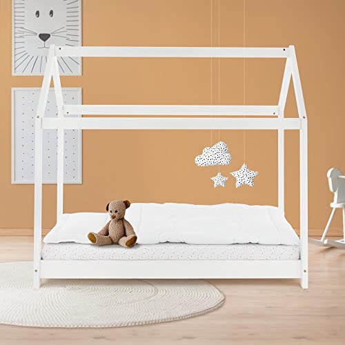 ML-Design Cama Infantil 70x140cm con Techo y Somier Estructura Listones de Madera de Pino Maciza Color Blanco Forma de Casita Diseño Creativo Mueble de Dormitorio Mobiliario Casa-Cama para Niños