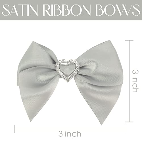 Aimudi Pre-Tied Silver Satin Bows With Rhinestone 3" Grey Ribbon Bows With Heart Diamante Bows For Gift Wrapping Small Bows For Crafts Wedding Embellishment Shower Party Favors - 12 Pcs #TOP2