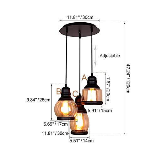 Unitary Farmhouse Pendant Lights Kitchen Island, Kitchen Light Fixtures, Rustic Dining Room Light Fixture With 3 E26 Bulb Sockets, Black Metal And Glass Jar Chandelier, Ceiling Pendant Light Fixtures #TOP5