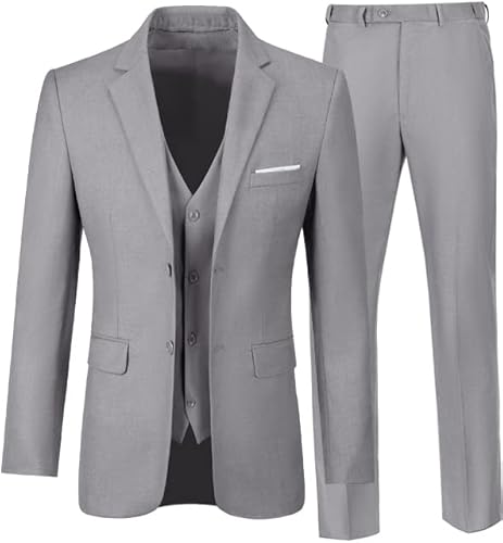 Aowdoy Men's Suits Slim Fit Suit Sets for Men Prom Wedding Suit 3 Pieces Business Blazer Vest Pants Set Grey XL