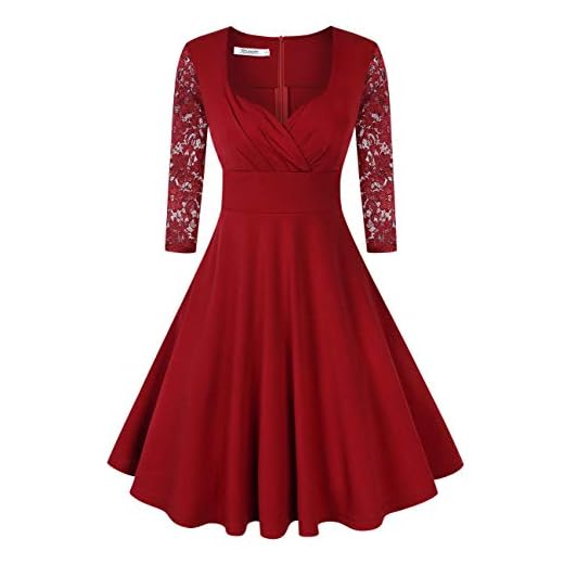 KOJOOIN 50-tals Vintage Klänning Retro Cocktailklänning Aftonklänning Balklänning Rockabilly V-ringad Klänning Knälång Långärmad Vinröd 1 långärmad S