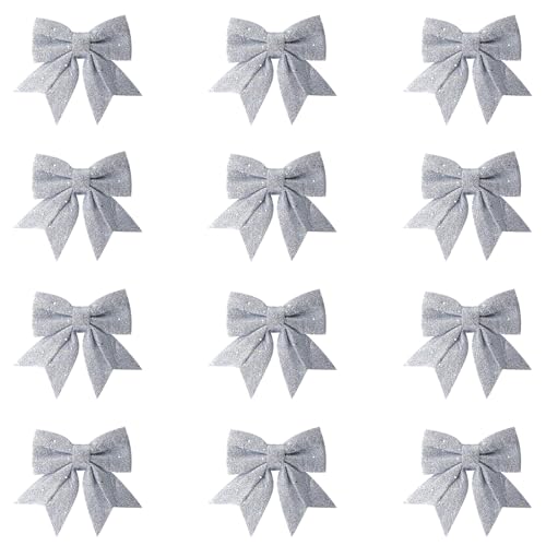 volumoon 12 Pieces Christmas Bows, Glitter Christmas Bows, Rose Gold, Christmas Tree Decorations, Christmas Wreath, Ornaments Xmas Tree, Xmas Bows for Decorations, Wreaths, Gifts Decoration (Silver)