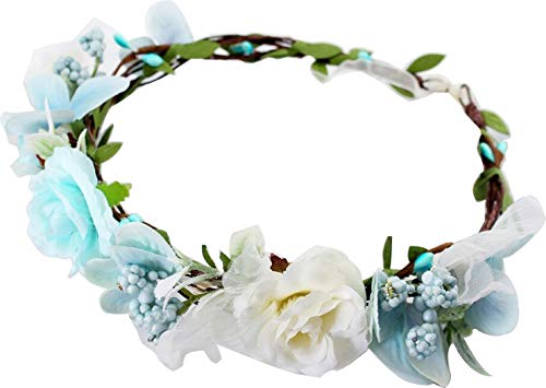 Flower Crown White Blue Girls - Floral Headband Headpiece Wreath Womens - Artificial Silk Roses Wedding Bridal Boho Kids Toddler