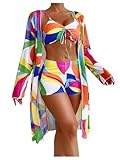 WDIRARA Women's 3pc Colorblock Geometric Printed High Waist Swimsuit Cover Up Sexy Split Bikini Set with Short Set Red Medium