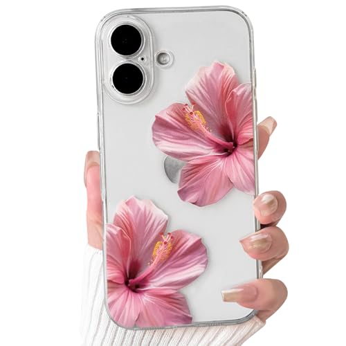 NITITOP Compatible for iPhone 17 Case Clear Cute Hibiscus Flower Floral Pattern for Women Girls Full Camera Lens Slim Shockproof Protective Phone Cover - Pink