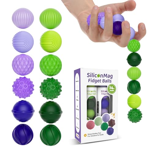 Silicone Magnetic Balls, Fidget Toys, 12-Pack Stress Relief Toys for Adults, Teens, Sensory Toy for Fingers Hands, Quiet Office Desk Toys with Textures, Magnet Fidget Fun Gift (2 Pack(Green+Purple))