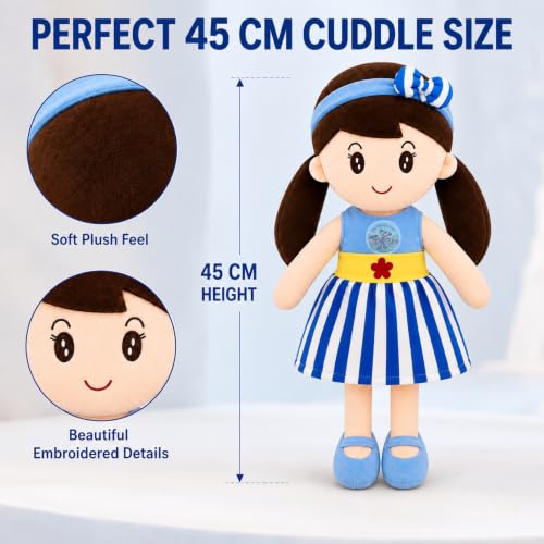 Image of Cute Doll 45 cm for Kids, Soft Plush Doll with Stylish Dress, Huggable Stuffed Toy for Girls and Boys, Birthday Gift, Room Decor, Pretend Play and Storytelling Companion, Blue Soft Toy