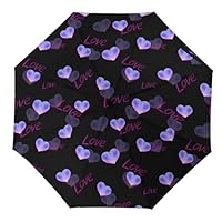 Hearda Manual Umbrella Windproof Strong, 3D Love Heart Pattern 8 Ribs Folding Sun Umbrellas UV Portable Umbrella Waterproof Windproof Travel Umbrella for Women Man Kids (Purple Love Heart)