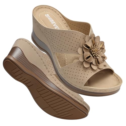 Image of SHIBEVER Womens Wedge Sandals Dressy: Arch Support Slip-On Comfortable Summer Sandals Open Toe Flower Casual Platform Shoes Size 5-11