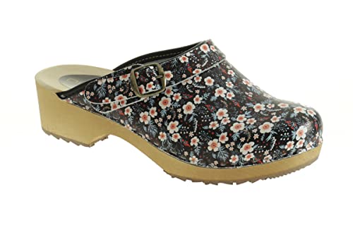 APREGGIO Zapatos de madera suecos para mujer Cuero Clog Mujer Zapatos de tacón alto hecho a mano Pantolets Blanco Gris Flores, Negro , 40 EU Cover