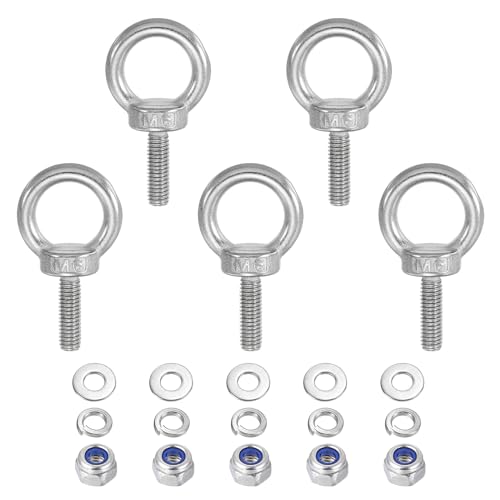 PATIKIL M6 x 20mm Lifting Shoulder Eye Bolt, 5Pcs 304 Stainless Steel Lifting Ring Threaded Eyebolt with Nuts Washers for Hanging Hammocks Articles