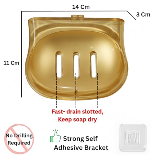 Image of CIPLA PLAST Self Adhasive Wall Mounted Soap Dish Holder, Golden Coloue, Plastic, Drainage Design, Adhesive Mount, Bathroom Organizer, Pack of 2