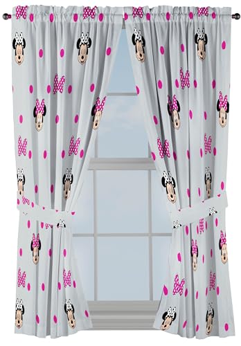 Jay Franco Window Curtains for Kids Bedroom 4-Piece Drape Set with 2 Tiebacks, Grey - Minnie Mouse, 42
