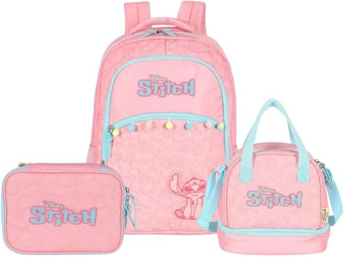 Kit Mochila de Costas Stitc Lancheira Térmica e Estojo Box (ROSA)