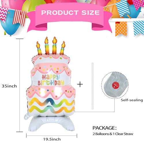 Image of 2pcs Happy Birthday Cake Foil Balloons, Self-Standing 35 inch Pink Large Mylar Birthday Balloons for Girls Boys Kids Baby Shower Party Decorations