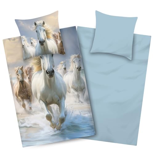 Aminata kids Bettwäsche Mädchen 135x200 Pferd - 100% Baumwolle - Kinder-Bettwäsche mit Pferde-Motiv - blau weiß - Reißverschluss - Wendebettwäsche