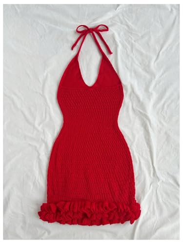 Image of GORGLITTER Women's Vacation Outfit Crochet Halter Knit Bubble Mini Dress Sexy Beach Cruise Summer Miami Resort Outfits