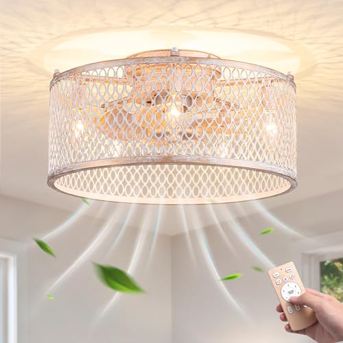 Caged Ceiling Fans With Lights Remote Control, Low Profile Flush Mount Ceiling Fan with 6 Speeds Wind, Timer, Reversible Motor, Small Vintage Industrial Farmhouse Ceiling Fan for Bedroom, Dining Room