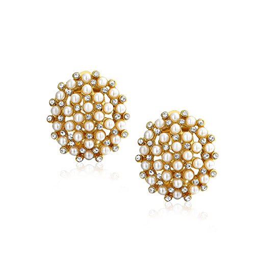 Art Deco Style Geometric Round White Cluster Simulated Pearl Fashion Clip On Earrings For Women 14K Gold Plated #TOP1