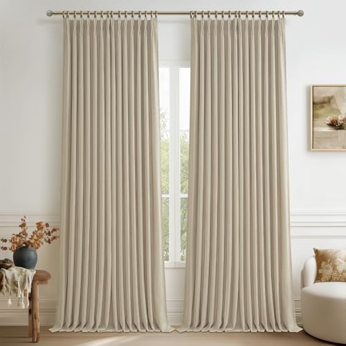 Memory Trained Pinch Pleated Extra Wide 70 Inch Blackout Bedroom Curtains 96 Inches Long 2 Panels Set, Linen Thermal Soundproof Farmhouse Oatmeal Living Room Windows Curtain Natural 8 FT Length Drapes
