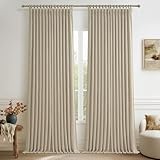 Heavy Natural Linen 100% Light Blocking Curtains & Drapes 96 Inches Long 2 Panels Set for Bedroom, Neutral Pinch Pleated Black Out Thermal Warm Beige Curtain for Summer Heat Energy Efficient 40W x 96L