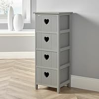 Home Source Chest of Drawers, Wooden Storage Unit Bedroom Organiser Bedside, Love Heart Design, 4 Drawer, Grey